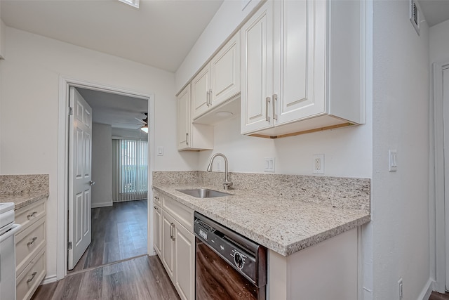 kitchen featuring black dishwasher, ceiling fan, dark hardwood / wood-style flooring, white cabinetry, and sink