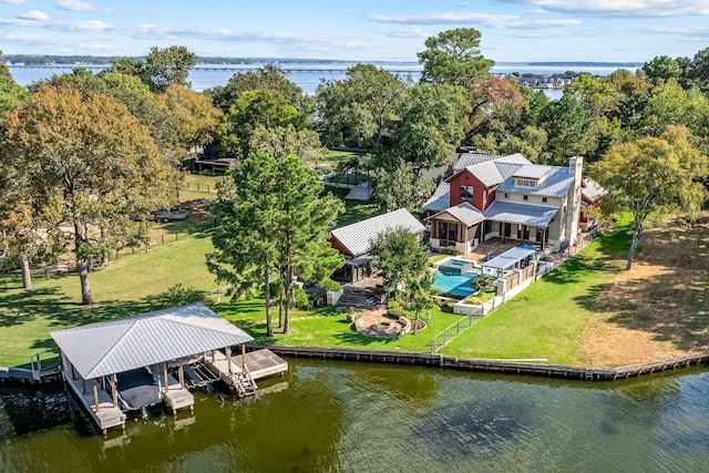 drone / aerial view featuring a water view