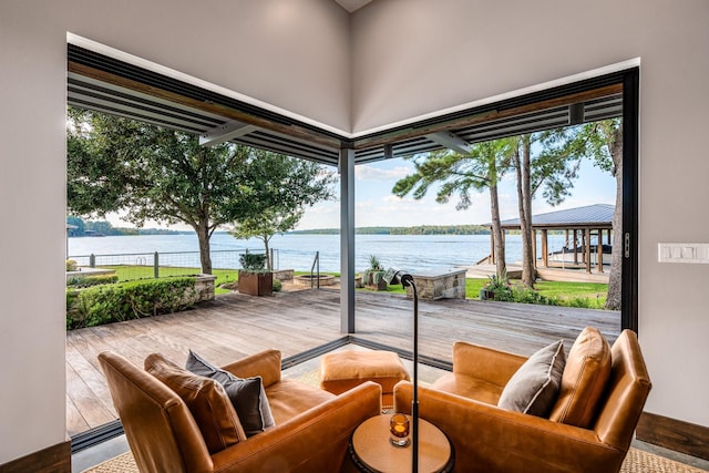 view of patio with a water view