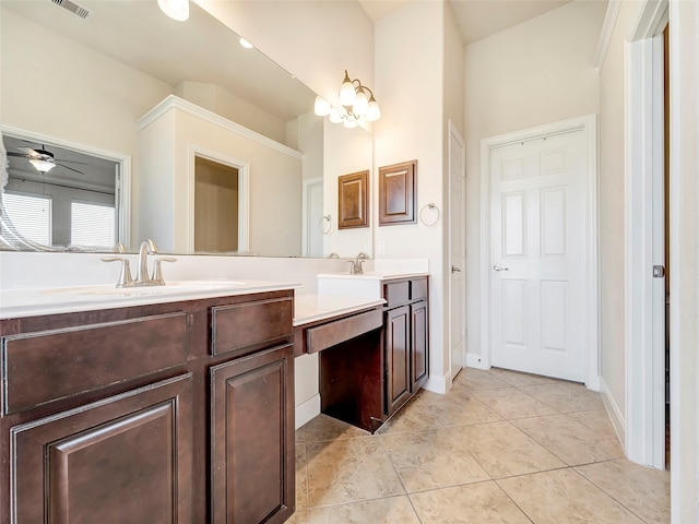 bathroom with vanity, tile patterned flooring, and ceiling fan