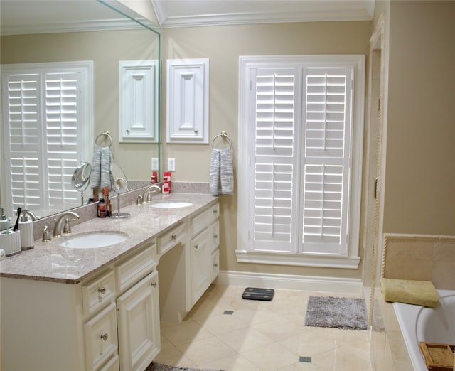 bathroom with vanity, crown molding, a relaxing tiled tub, and tile patterned flooring