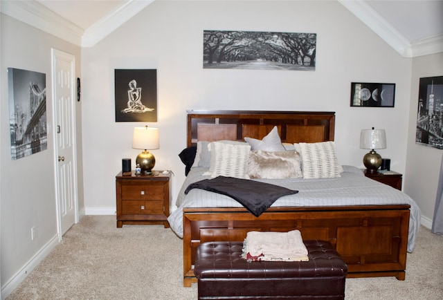 bedroom featuring light carpet, lofted ceiling, and ornamental molding