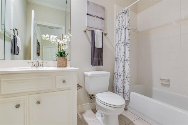 full bathroom featuring toilet, tile patterned flooring, shower / tub combo, ornamental molding, and vanity