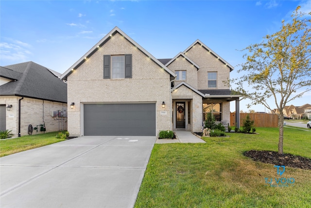 view of front of property with a garage and a front lawn