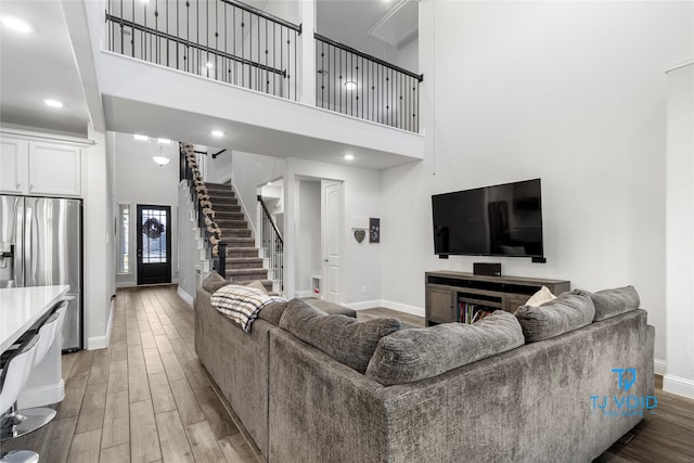 living room featuring a towering ceiling and hardwood / wood-style flooring