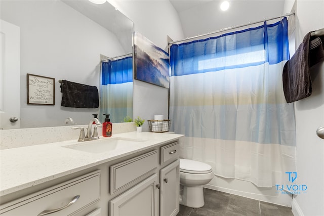 full bathroom featuring toilet, vanity, tile patterned flooring, and shower / bathtub combination with curtain