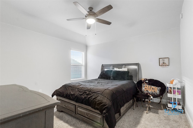 bedroom with light carpet and ceiling fan