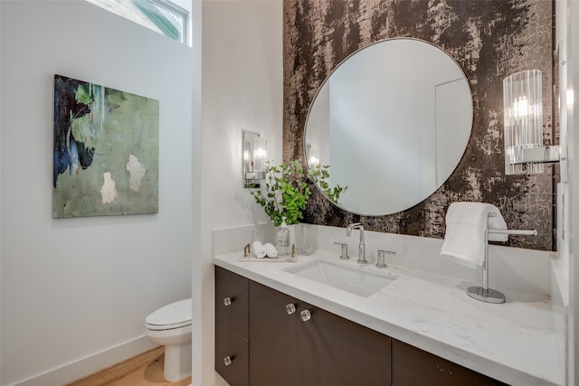 bathroom featuring vanity, wood-type flooring, and toilet