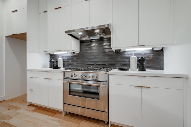 kitchen with stainless steel range, light countertops, tasteful backsplash, and under cabinet range hood