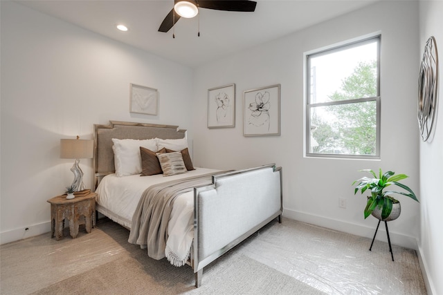 bedroom featuring recessed lighting, baseboards, and a ceiling fan