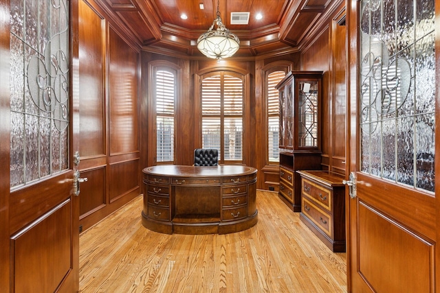 office featuring wood ceiling, light hardwood / wood-style floors, coffered ceiling, wood walls, and ornamental molding