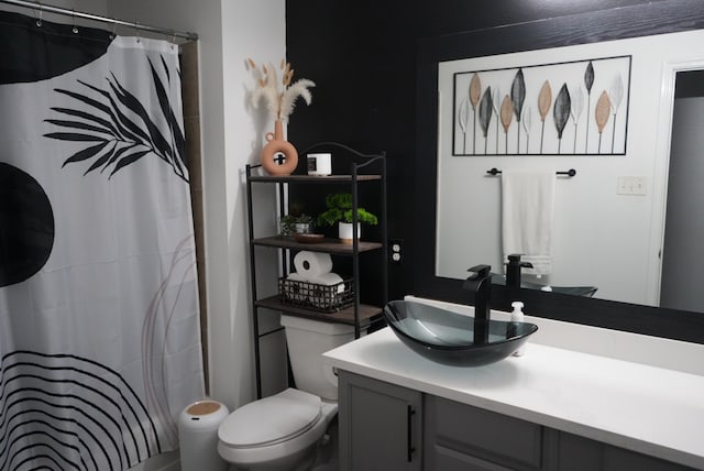 bathroom featuring vanity, toilet, and walk in shower