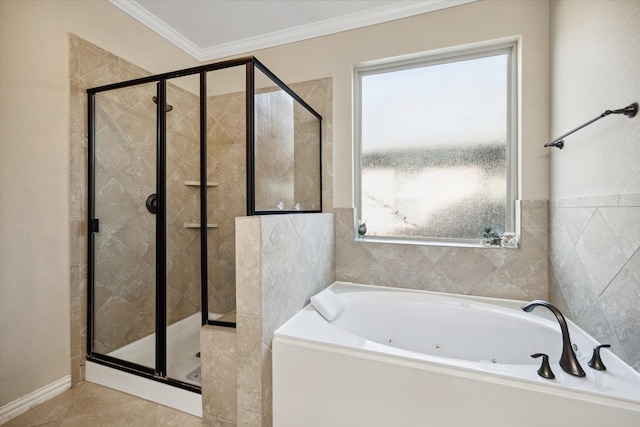 bathroom with crown molding, tile patterned floors, and plus walk in shower