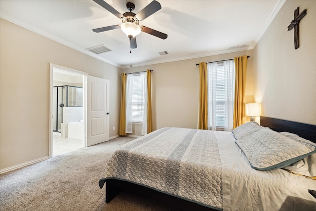 bedroom with ensuite bath, ornamental molding, light carpet, and ceiling fan