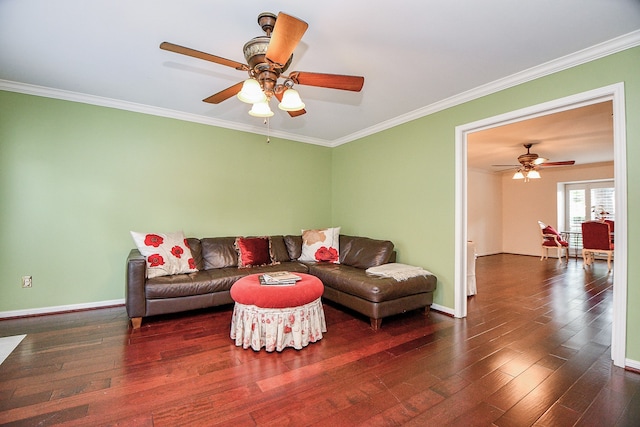 living room featuring crown molding, ceiling fan, and dark hardwood / wood-style flooring