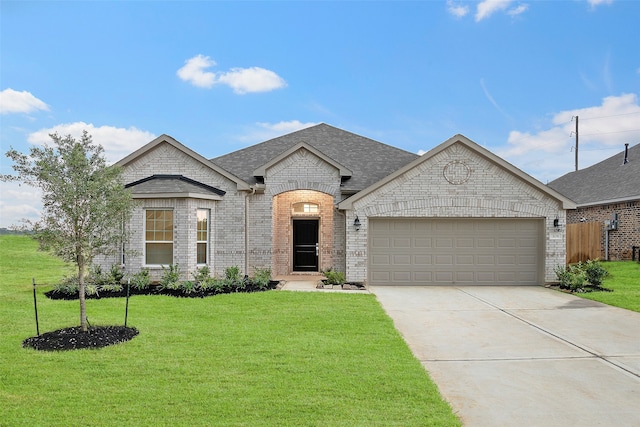 french provincial home with a front yard and a garage