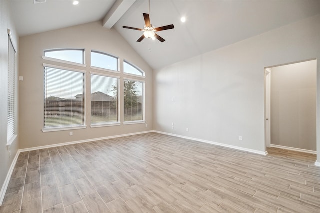 empty room featuring light hardwood / wood-style floors, high vaulted ceiling, beam ceiling, and ceiling fan