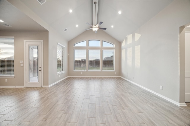 unfurnished living room featuring light hardwood / wood-style floors, lofted ceiling, and ceiling fan