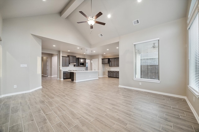 unfurnished living room with light hardwood / wood-style floors, beamed ceiling, high vaulted ceiling, and ceiling fan