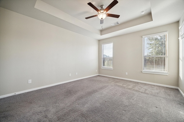 carpeted spare room featuring a healthy amount of sunlight, ceiling fan, and a raised ceiling