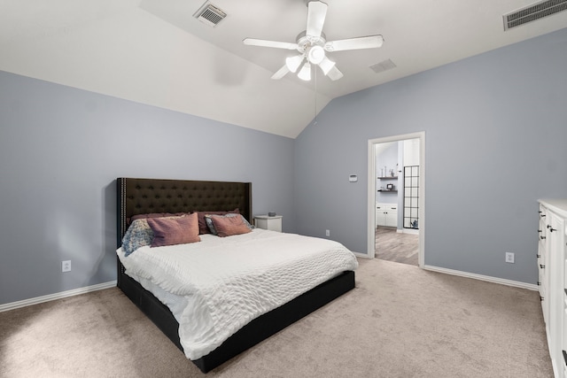 bedroom featuring carpet floors, ceiling fan, and lofted ceiling