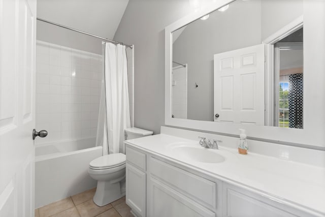 full bathroom featuring vanity, shower / bath combo, tile patterned flooring, toilet, and lofted ceiling