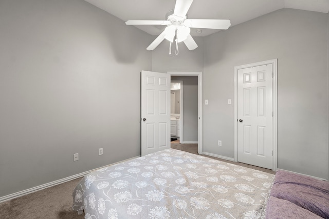 bedroom with lofted ceiling, carpet flooring, and ceiling fan