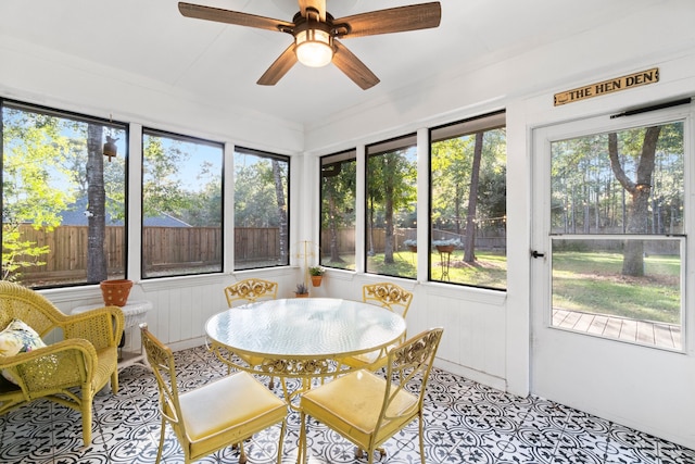 sunroom / solarium with a wealth of natural light and ceiling fan