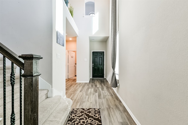 entrance foyer with a high ceiling and light wood-type flooring