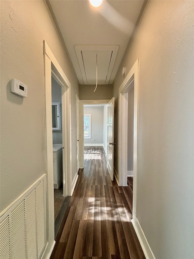 hall with dark hardwood / wood-style floors