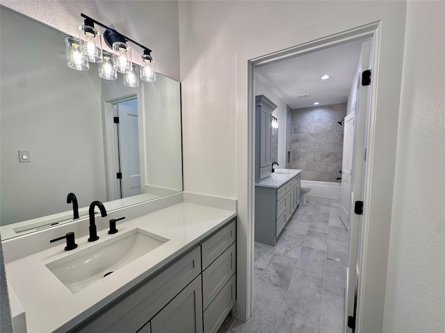 bathroom with shower with separate bathtub and vanity