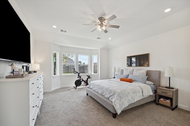 carpeted bedroom with ceiling fan