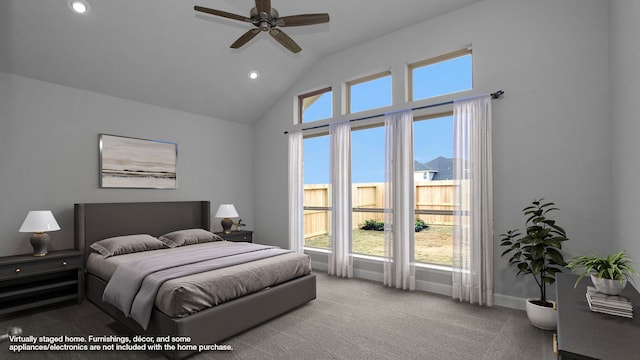 carpeted bedroom with multiple windows, baseboards, vaulted ceiling, and recessed lighting