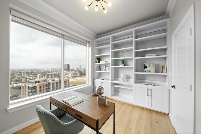 office featuring light hardwood / wood-style flooring, crown molding, and a notable chandelier