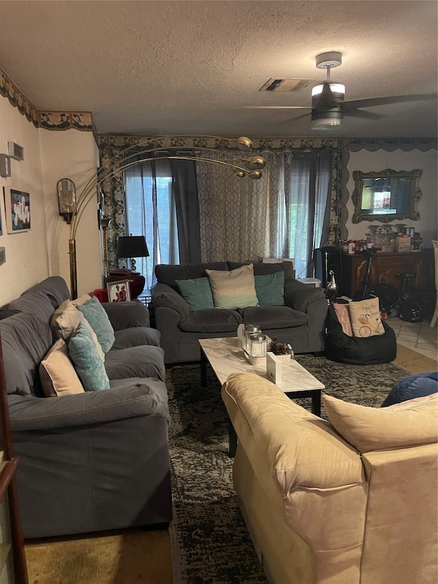 living room featuring a textured ceiling