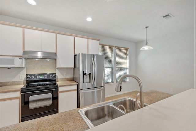 kitchen featuring sink, black electric range oven, hanging light fixtures, white cabinets, and stainless steel fridge with ice dispenser