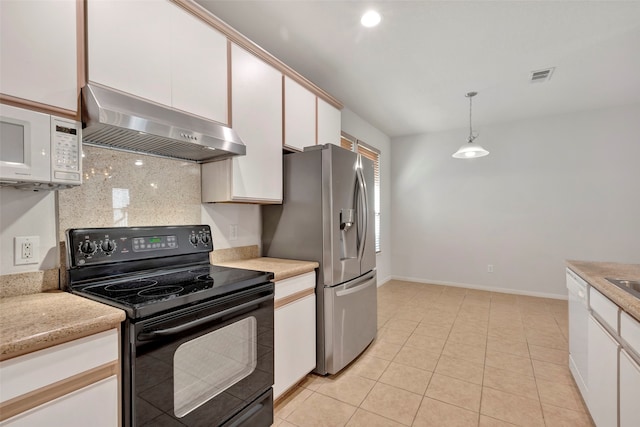 kitchen featuring decorative backsplash, white cabinets, hanging light fixtures, extractor fan, and white appliances