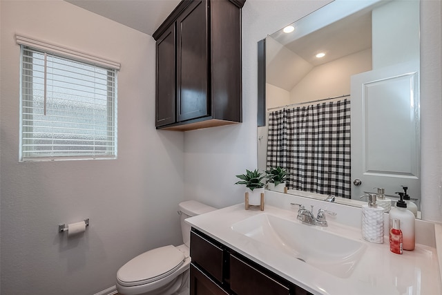 bathroom with vanity, lofted ceiling, and toilet