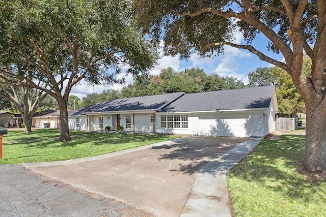 ranch-style house with a garage and a front lawn