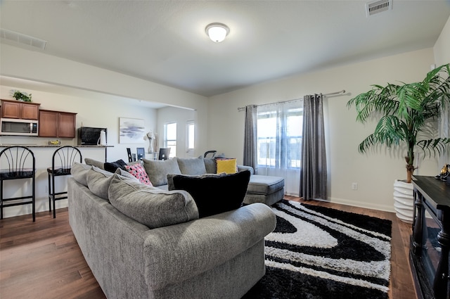 living room with dark hardwood / wood-style floors