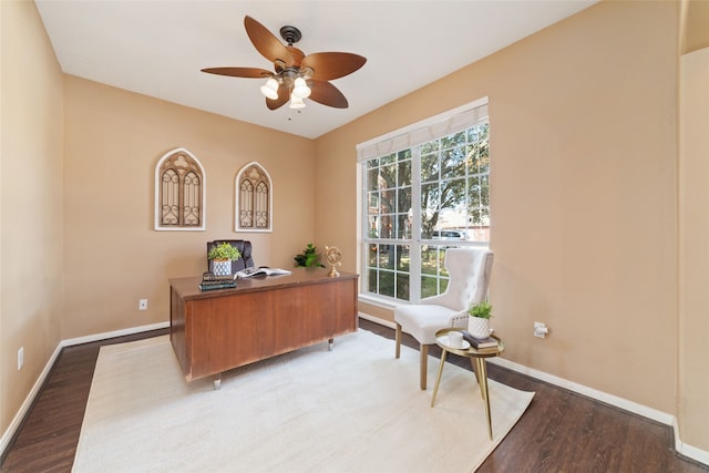 office area with ceiling fan and light wood-type flooring