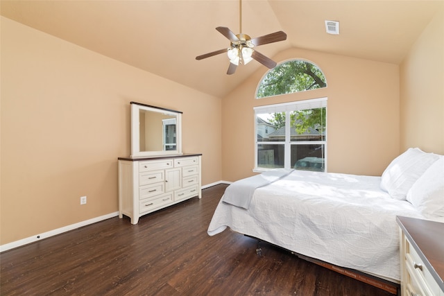 bedroom featuring vaulted ceiling, ceiling fan, and dark hardwood / wood-style floors