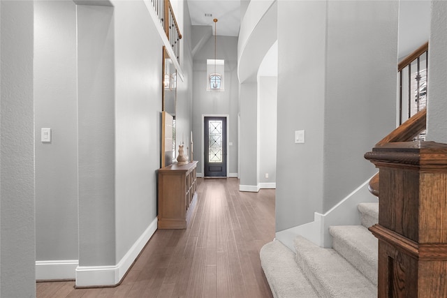 foyer with a high ceiling and hardwood / wood-style floors