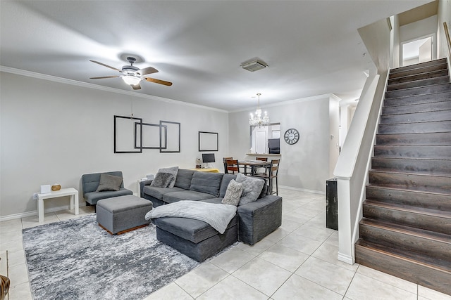 tiled living room with crown molding and ceiling fan with notable chandelier