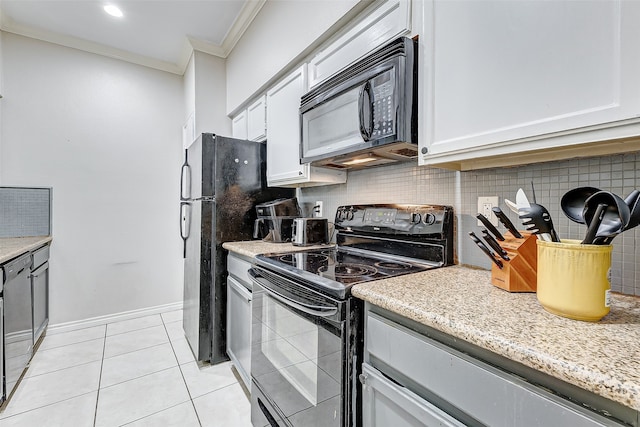 kitchen featuring black appliances, crown molding, light tile patterned floors, white cabinetry, and tasteful backsplash