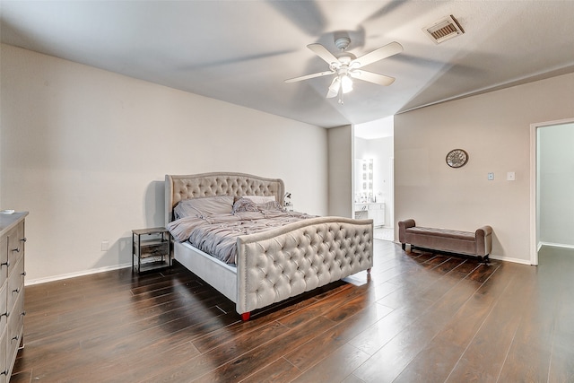 bedroom with dark wood-type flooring and ceiling fan