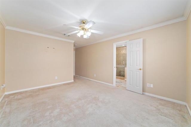 unfurnished room featuring ceiling fan, ornamental molding, and light colored carpet