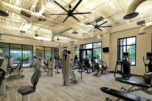 exercise room featuring carpet flooring and ceiling fan