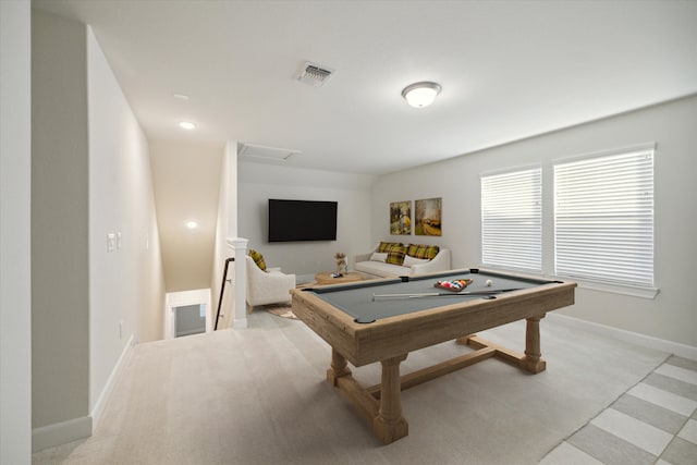 playroom with pool table and light carpet