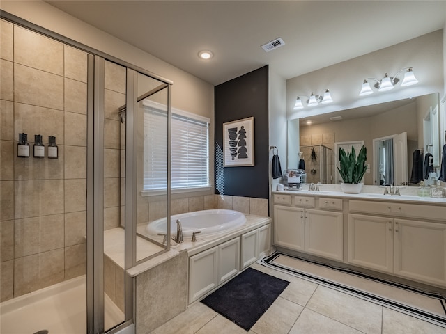 bathroom with vanity, separate shower and tub, and tile patterned flooring